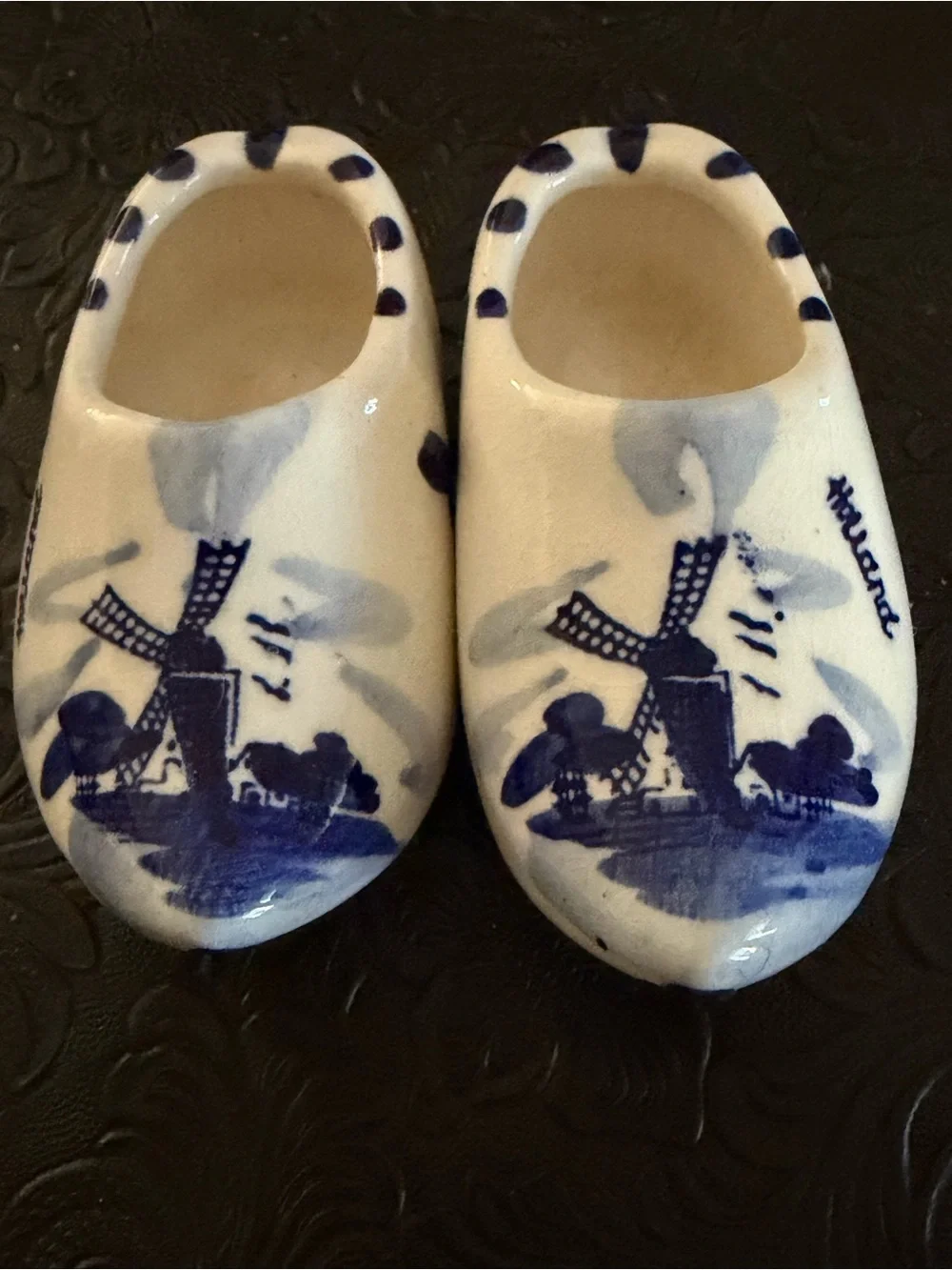 Blue & White Delft-Style Boy and Girl Figurine Pair with Mini Clogs